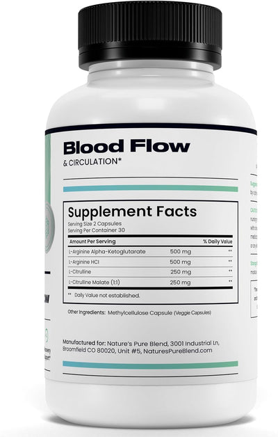 Nitric Oxide Flow - Blood Pressure Support, Supplement Edible, Dietary, Fitness, Blood Flow, Nitric Oxide Booster, Amino Acid, Recovery Support Cardiovascular Health